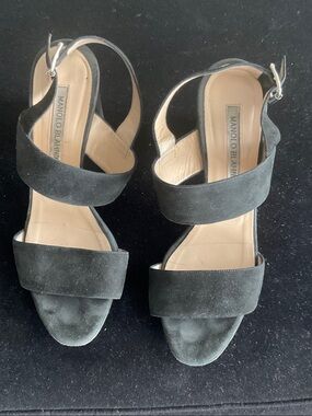 Manolo Blahnik Black Suede Two-Band Slingback Heels
